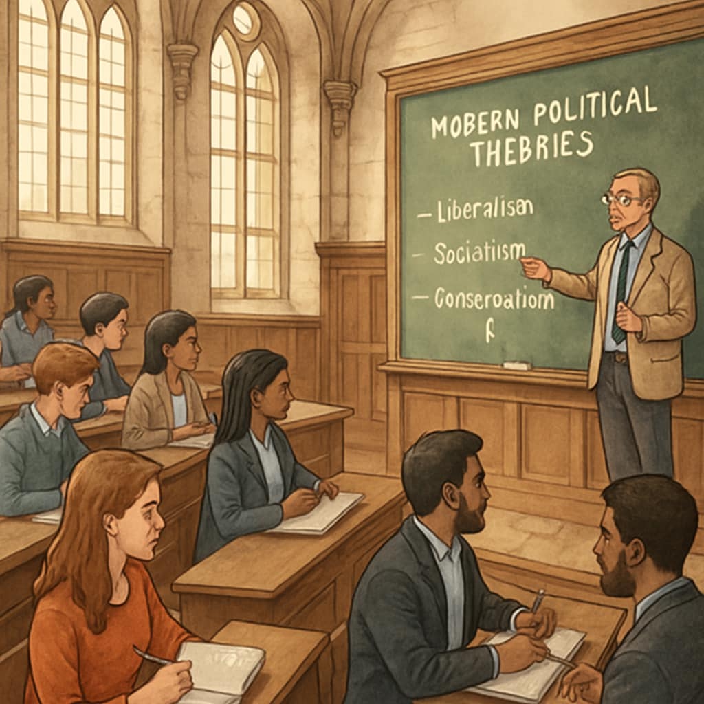 Professor lecturing in a historic European university hall with students taking notes on modern political theories European university political science lecture with interactive learning