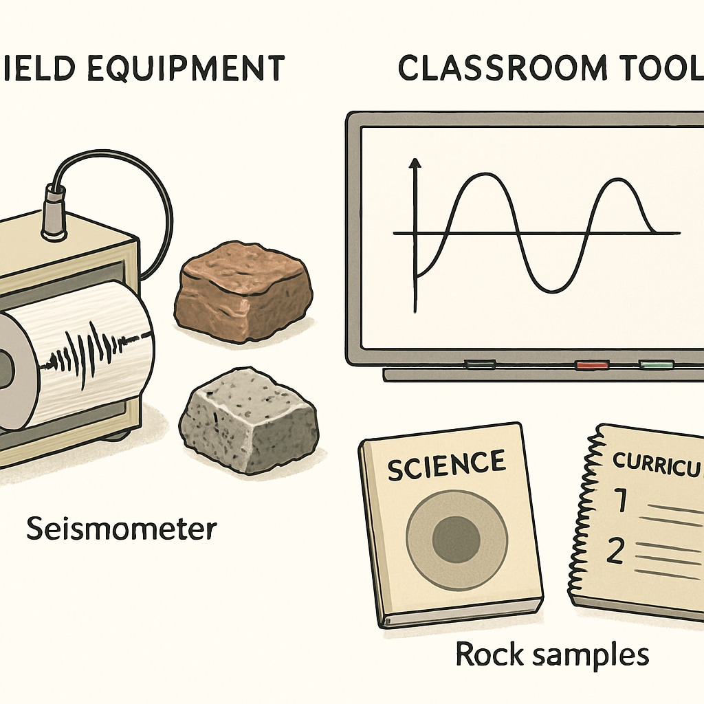 Visual comparison showing field equipment (seismometer, rock samples) alongside classroom tools (interactive whiteboard, curriculum materials) Career transition tools from geophysics to education