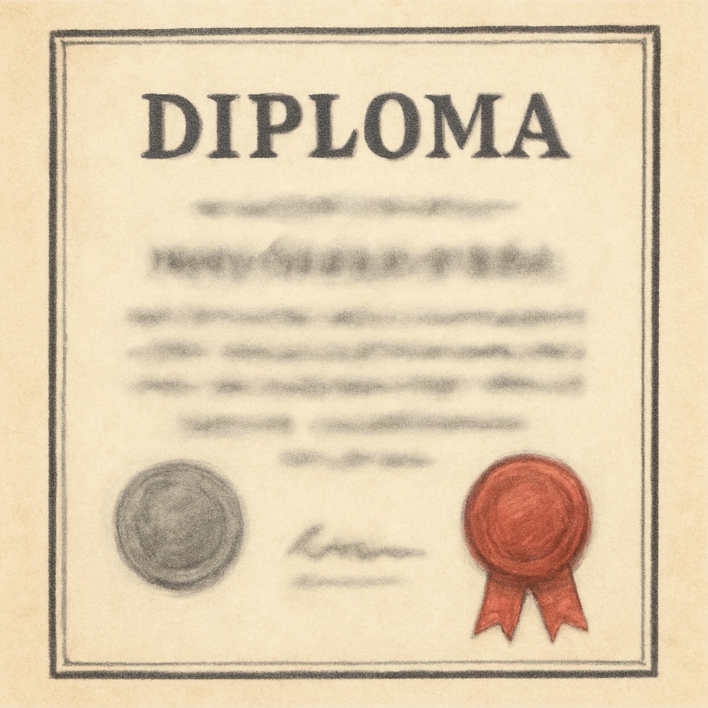 Suspicious diploma document with intentionally blurred text and seals to represent potential fraud Warning signs of education fraud at Schiller International University