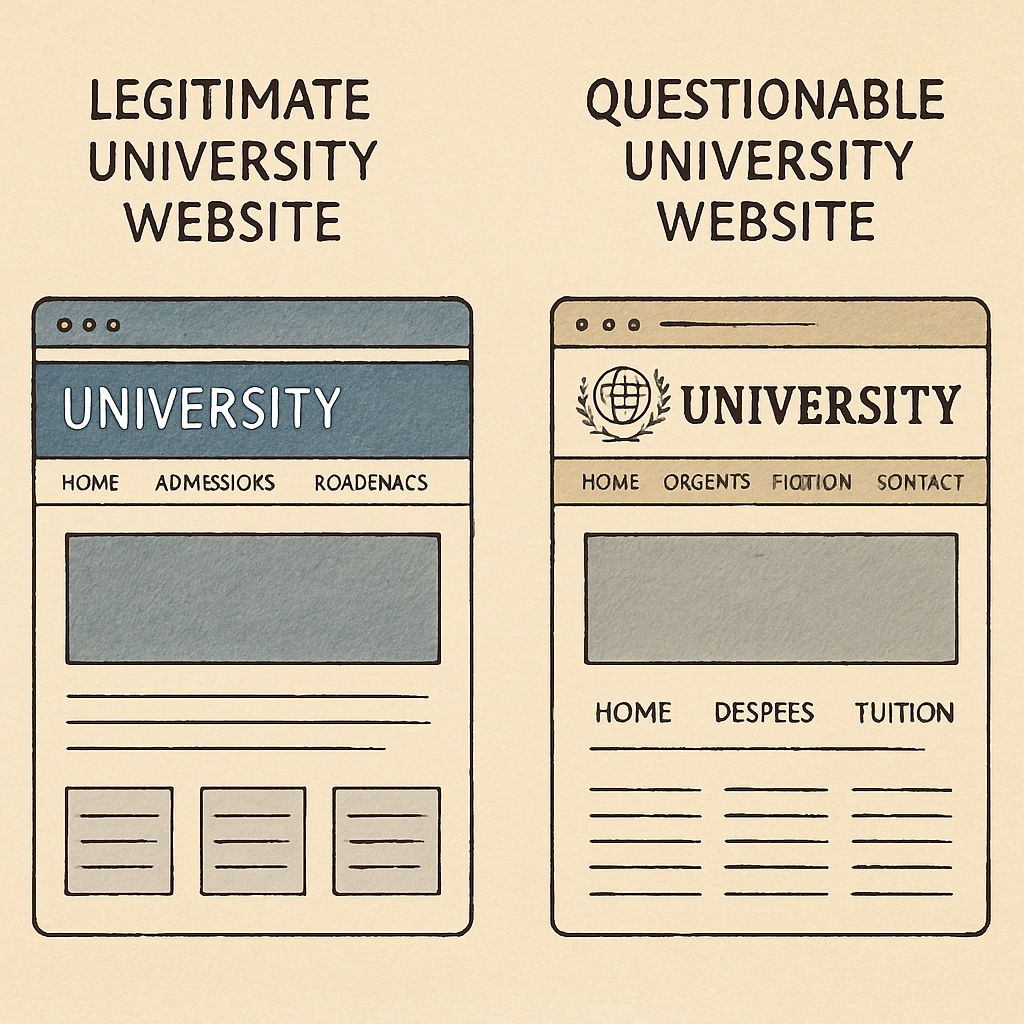 Comparison screenshot showing design differences between legitimate and questionable university websites How to spot fraudulent education providers like alleged GEDU Group operations
