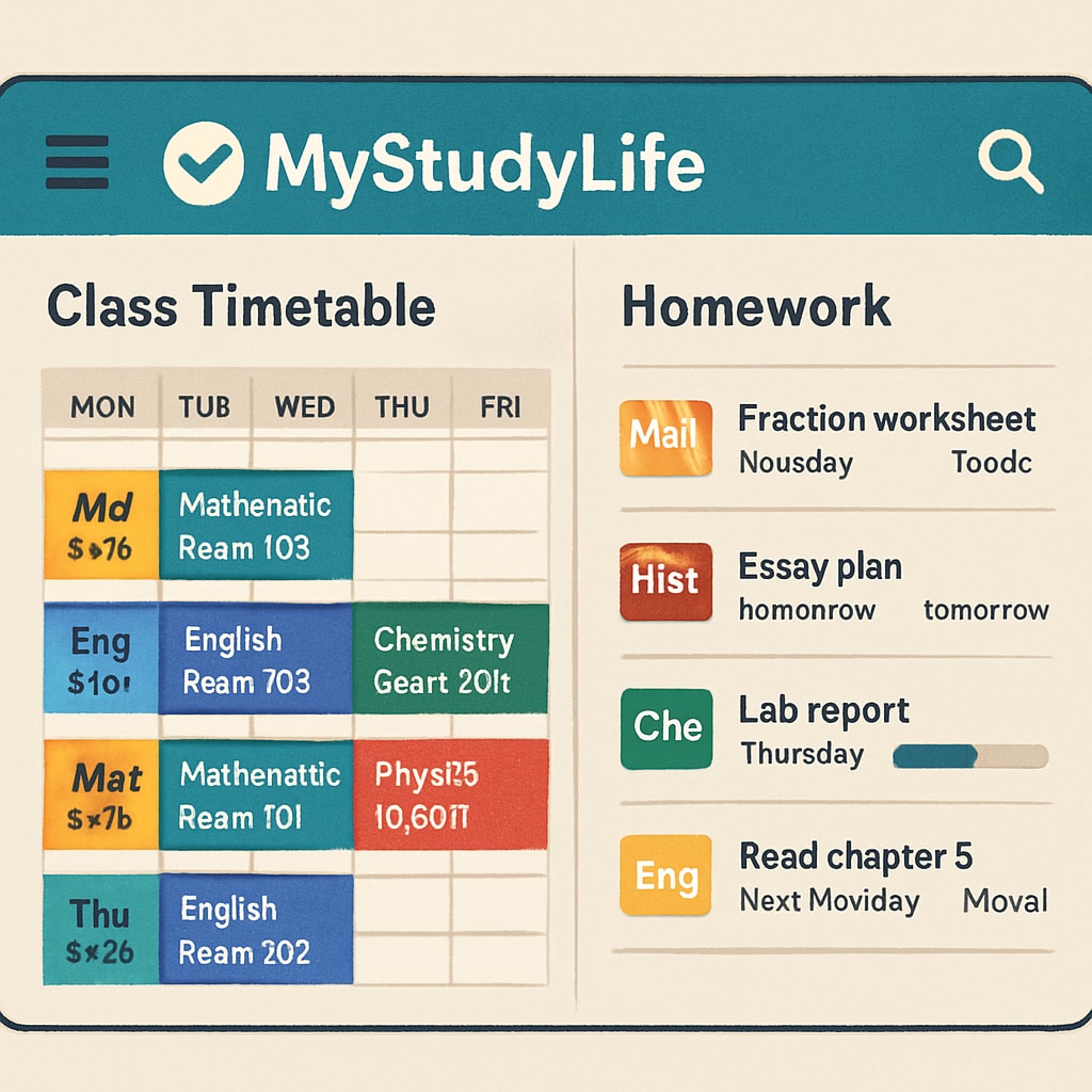 Screenshot of MyStudyLife interface displaying class timetable and homework tracker with subject colors and progress indicators Academic calendar application with organization features for students