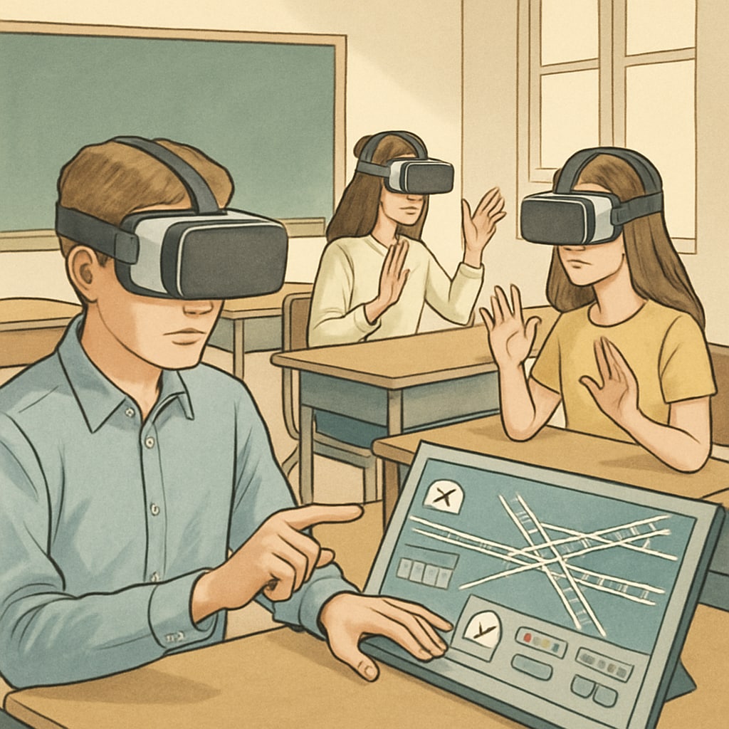 Teenagers wearing VR headsets in classroom, interacting with virtual railway control interface High school students experiencing transportation technology