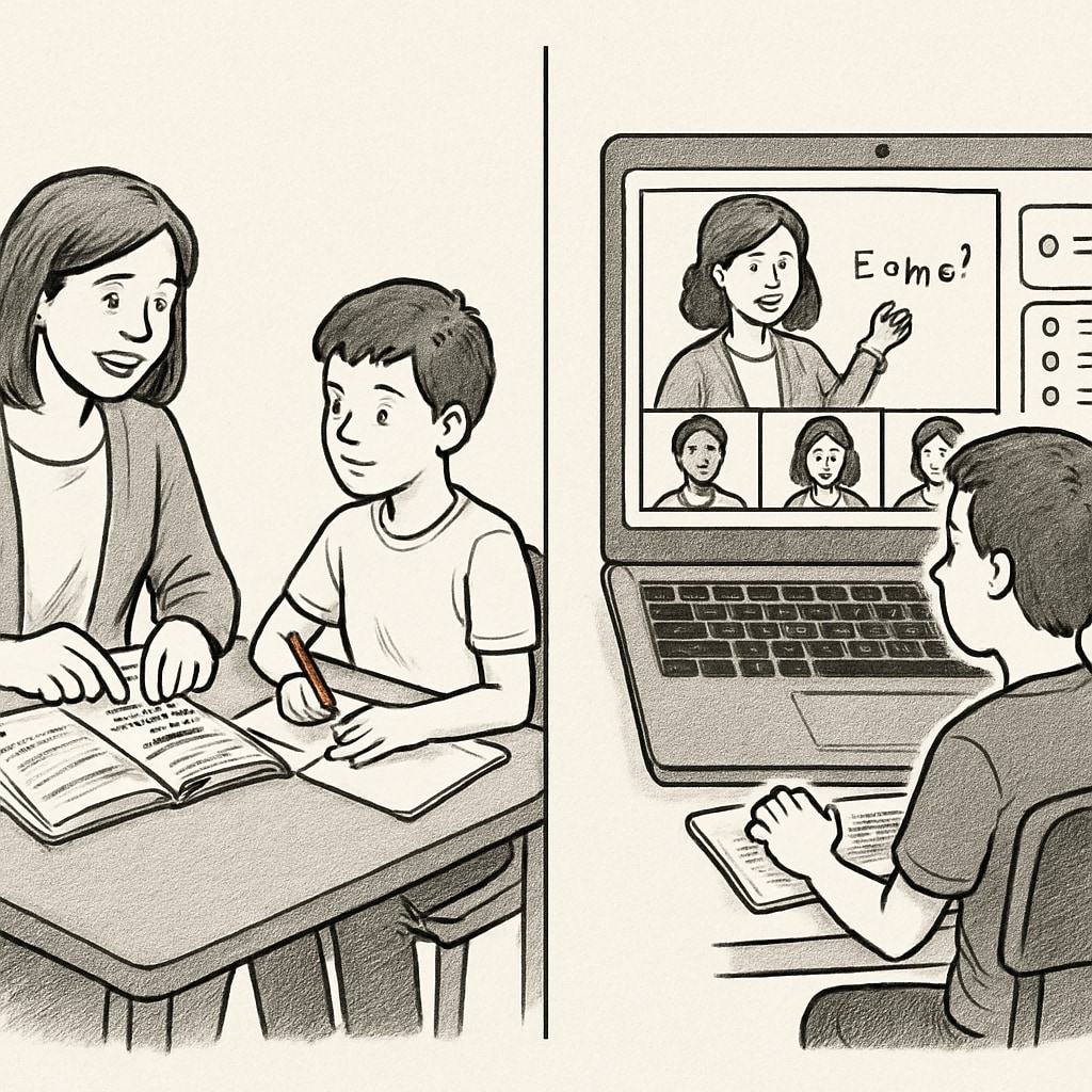 Comparison image showing a traditional classroom setting on the left with a teacher and student at a table, contrasted with a digital learning interface on the right featuring video call elements Online vs offline tutoring comparison for parental trust evaluation