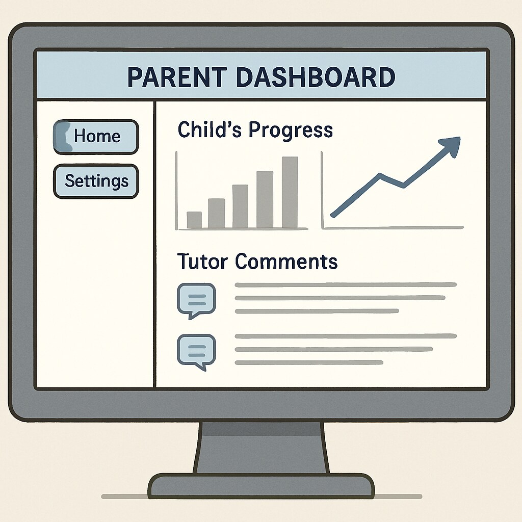 Close-up of a computer screen showing a parent monitoring a child's online learning platform with visible progress charts and tutor comments Parent reviewing online tutoring platform metrics