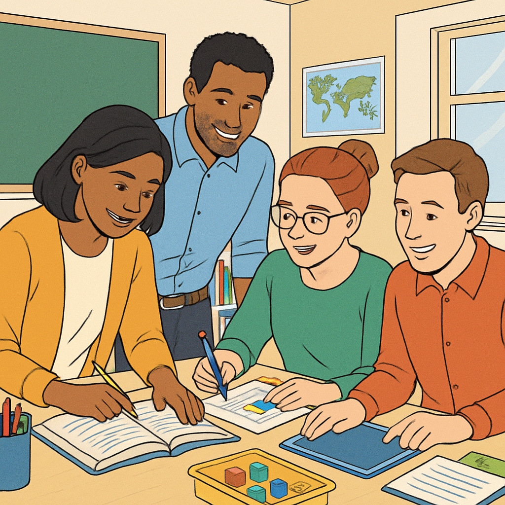 Early-career teachers working together in a bright classroom setting K12 education professionals discussing employment opportunities