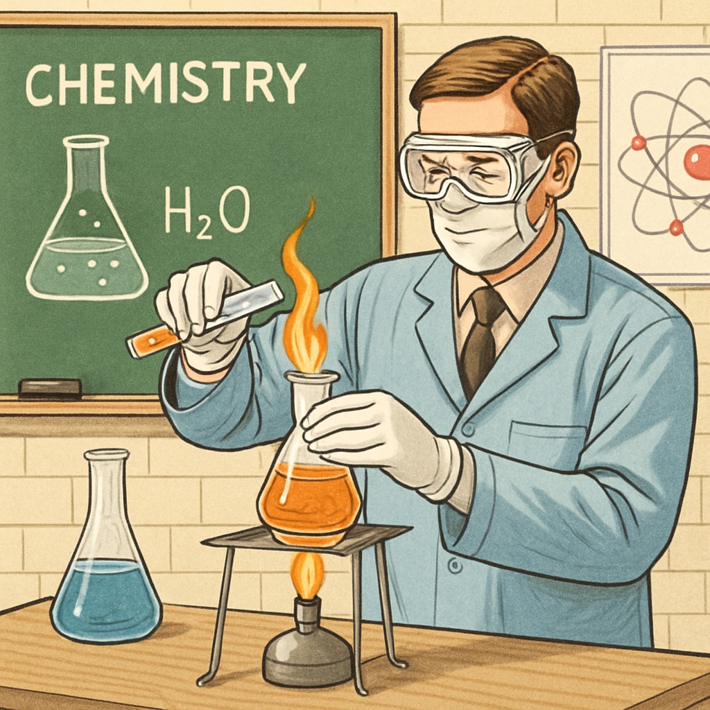 High school teacher demonstrating chemistry experiment with safety equipment Hands-on learning under NEP curriculum guidelines