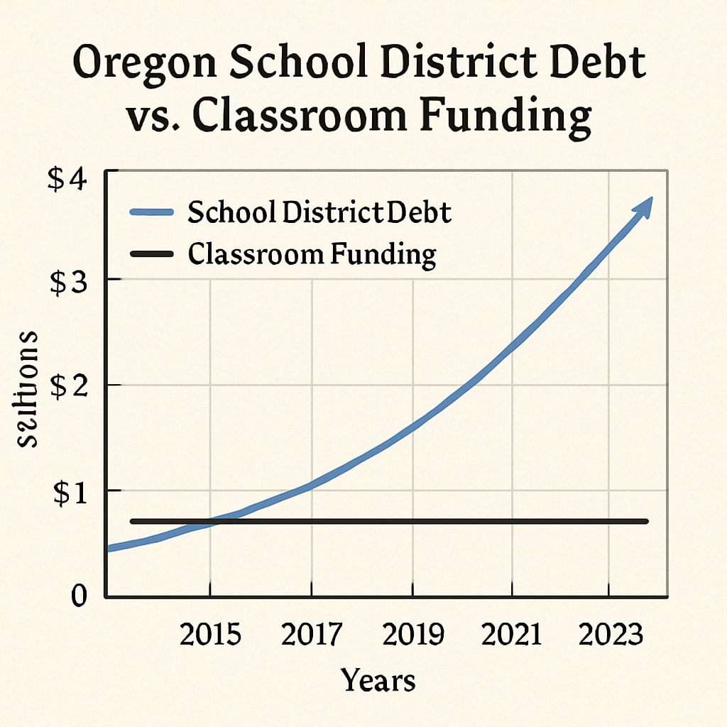 Line graph comparing Oregon school district debt growth (steep upward trend) versus classroom funding (flat line) from 2015-2023 Rising school district debt versus stagnant classroom funding in Oregon