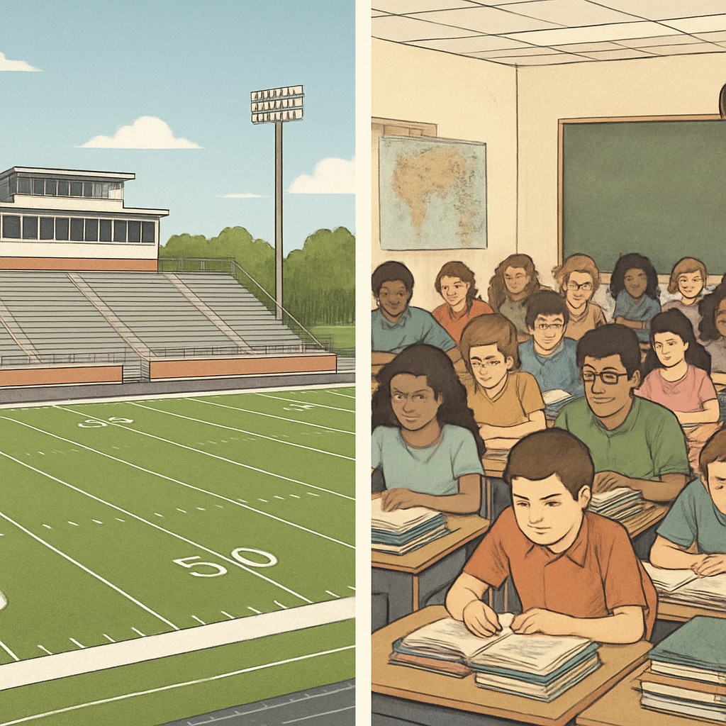 Contrasting images showing a new high school football stadium versus an overcrowded classroom with outdated textbooks School construction priorities versus classroom needs