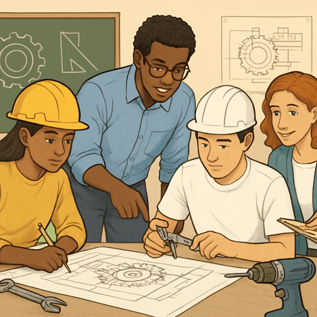 Diverse mechanical engineering students collaborating on project