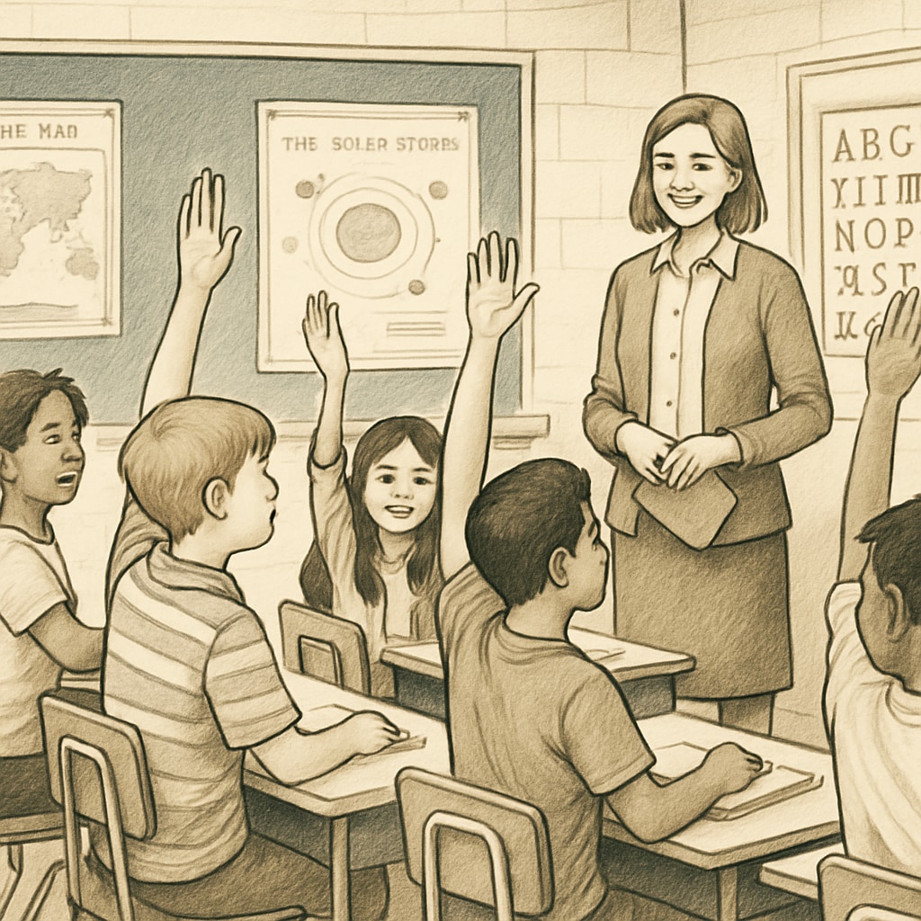 A diverse group of middle school students raising hands in a classroom, with a teacher smiling encouragingly Encouraging student questions in K12 mathematics classroom