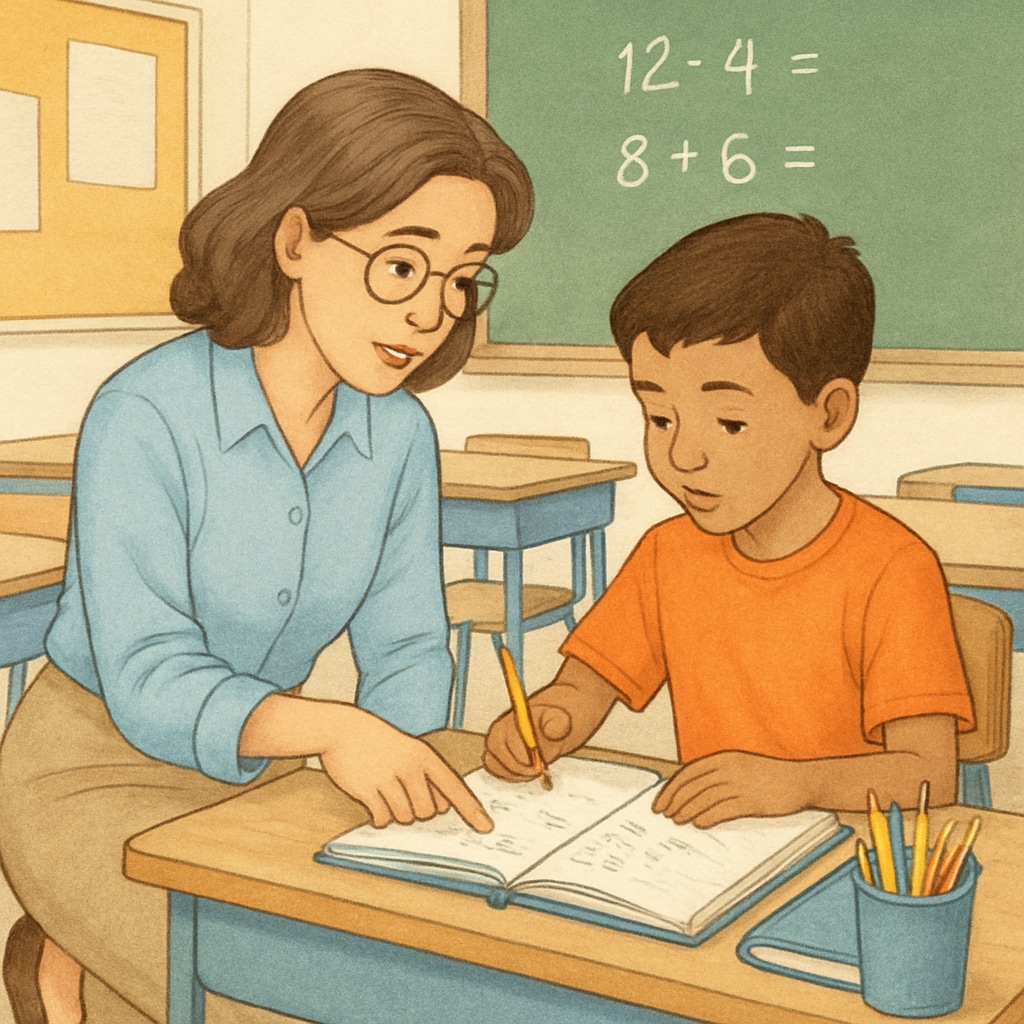 A teacher kneeling beside a student's desk to provide individualized attention during a math lesson Teacher supporting student inquiries during mathematics instruction