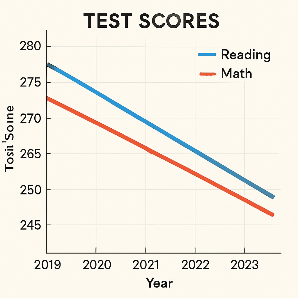A line graph comparing reading and math test scores from 2019-2023, showing clear downward trends Declining high school academic performance in reading and math scores
