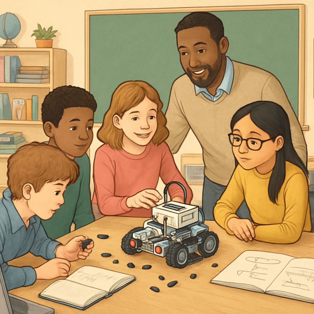 Diverse group of middle school students working together on a robotics project, with teacher guidance K12 students developing future skills through hands-on STEM project