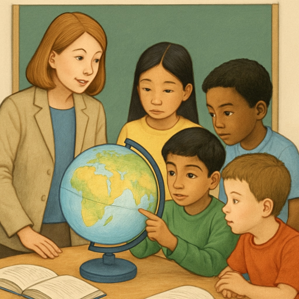 Children learning about global humanitarian issues in classroom