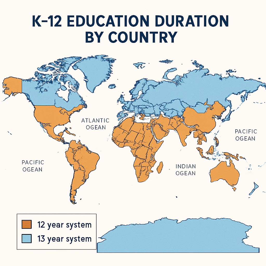 Color-coded world map showing K12 education duration by country, with clear legends indicating 12-year vs. 13-year systems Global K12 education duration differences visualization