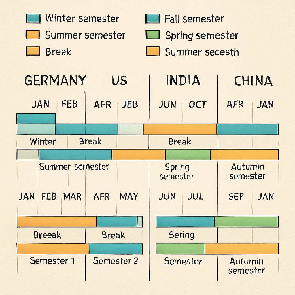 Comparative infographic showing academic calendars from Germany, US, India and China side by side International education duration comparison chart