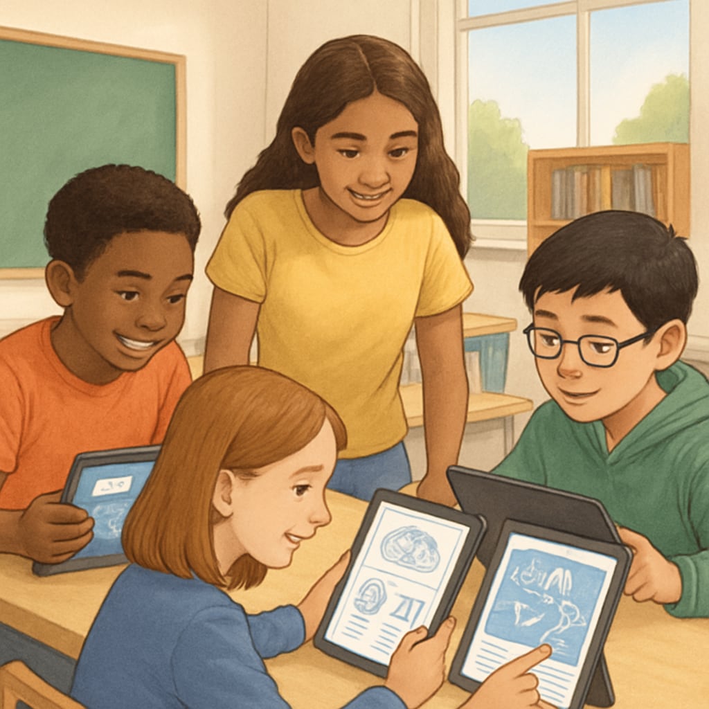 Diverse group of middle school students collaborating around tablets with visible AI learning interfaces AI education tools in classroom for critical thinking development