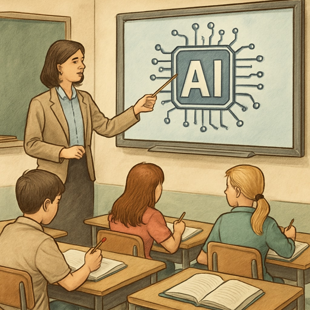 Teacher pointing at AI-generated content on smartboard while students take notes Educator facilitating AI-assisted learning methods