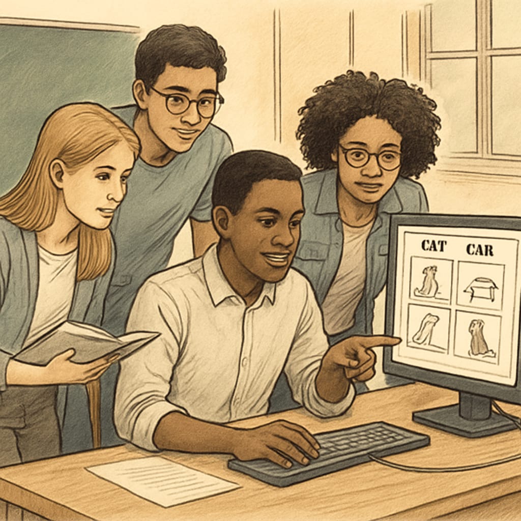 Undergraduate students collaborating on AI course project