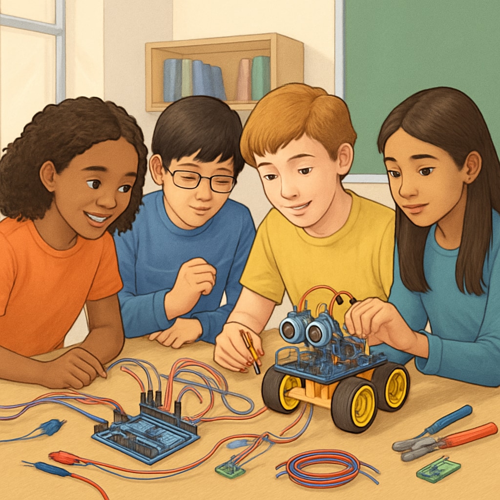 Diverse group of middle school students working together on a tabletop robotics project using Arduino components and tools K12 students engaged in project-based Arduino robotics course