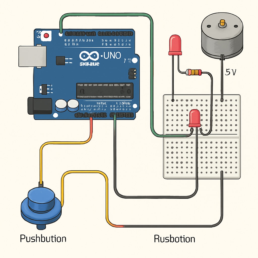 Detailed technical shot of an Arduino Uno microcontroller connected to various electronic components with color-coded wires Arduino robotics course components for beginner STEM education