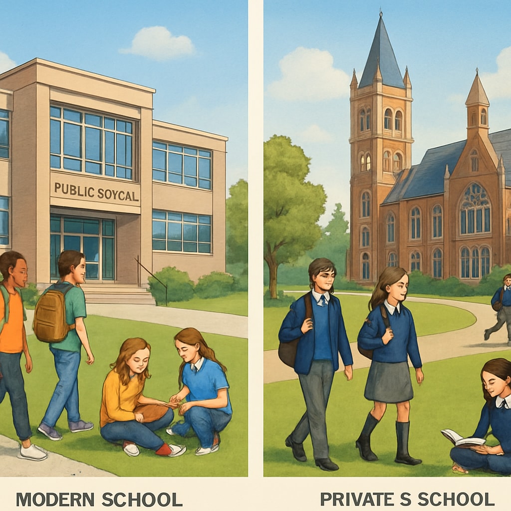 Comparison photo showing a modern public school building on left and traditional private school campus on right, with students visible in both environments Public vs private school facilities comparison