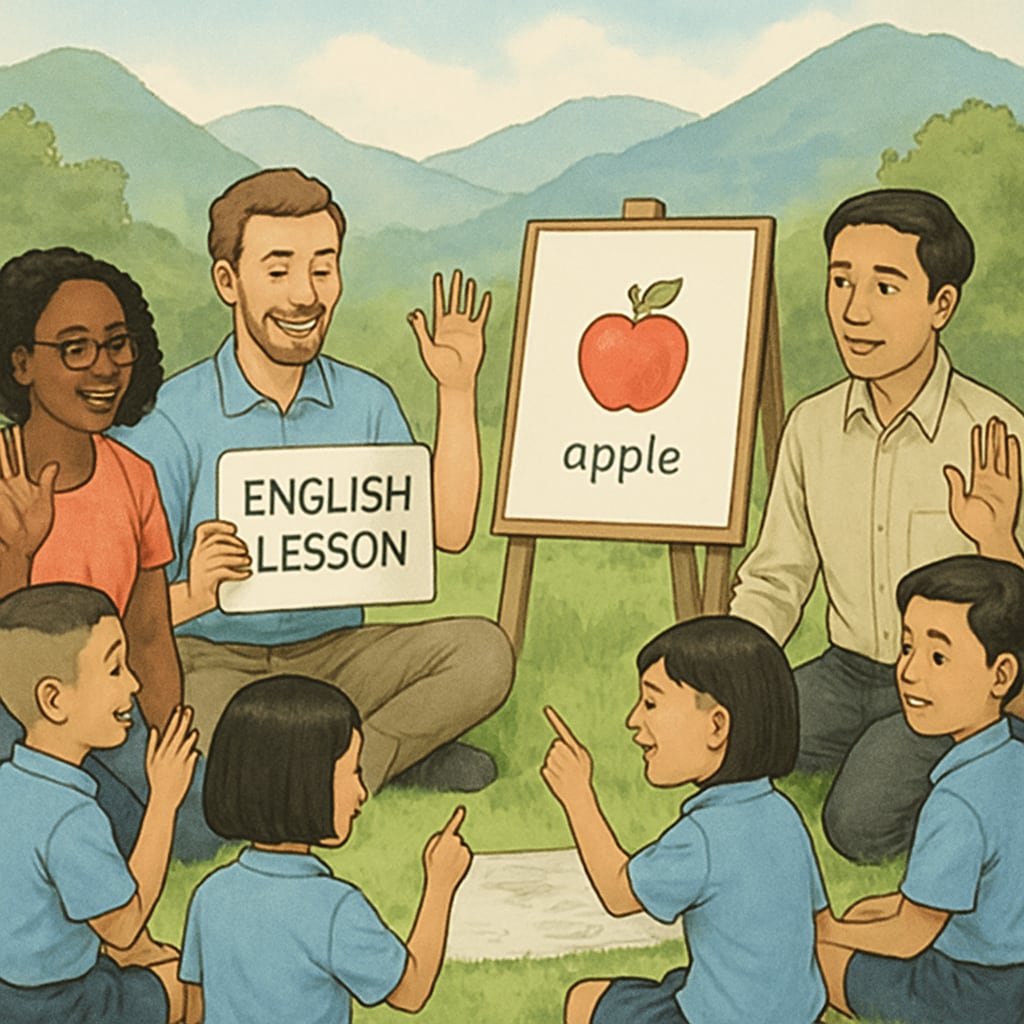 A diverse group of educators and Thai students participating in an interactive English lesson outdoors at a summer camp, with green mountains in the background International teachers conducting English lessons at Thailand summer camp