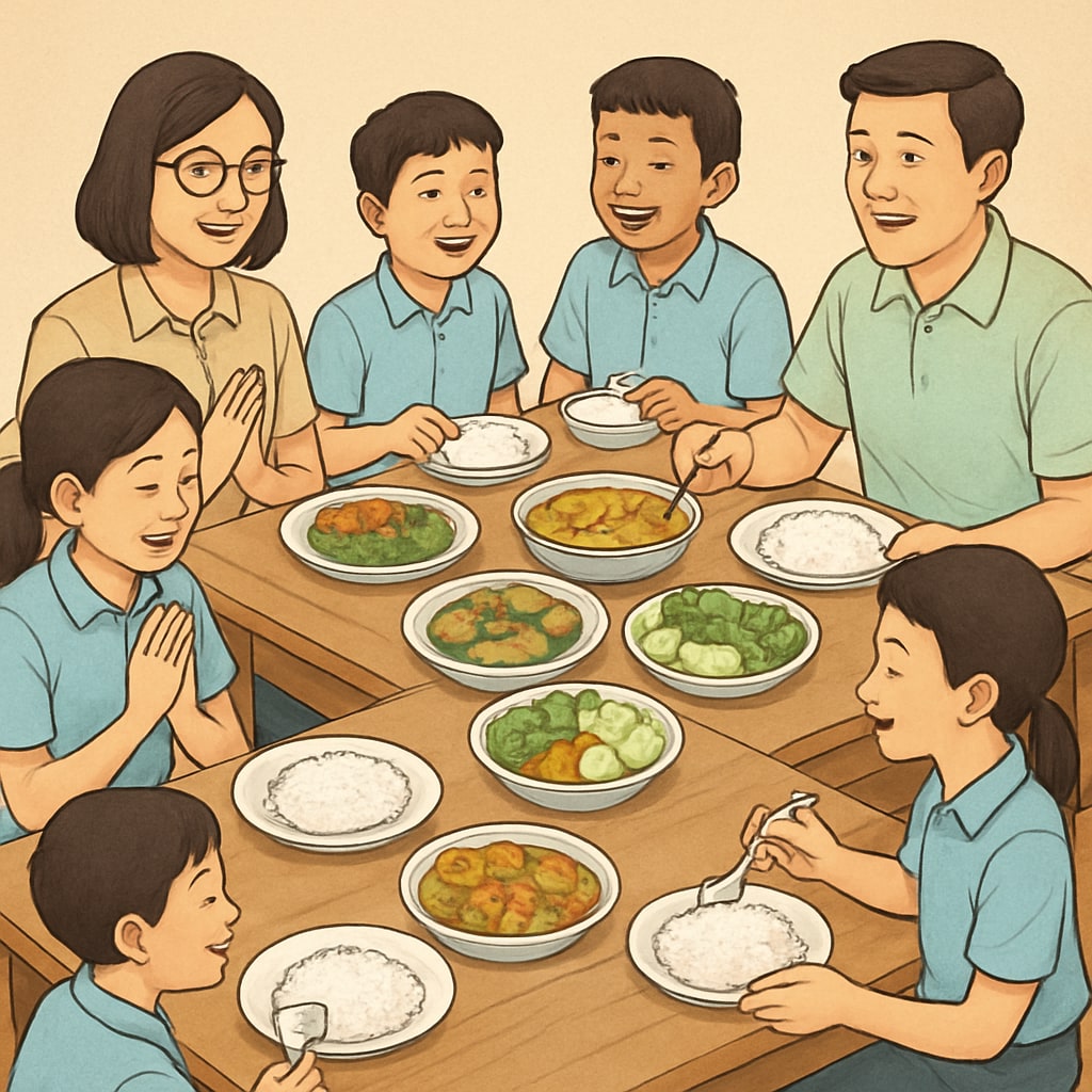 Teachers and camp students sharing a family-style Thai meal at wooden tables, featuring colorful traditional dishes Cultural exchange during meals at English summer camp in Thailand