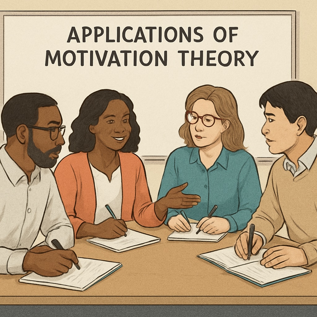 Diverse group of K12 educators engaged in a professional development workshop, taking notes and discussing motivation theory applications Teachers reflecting on motivation theory in professional learning community