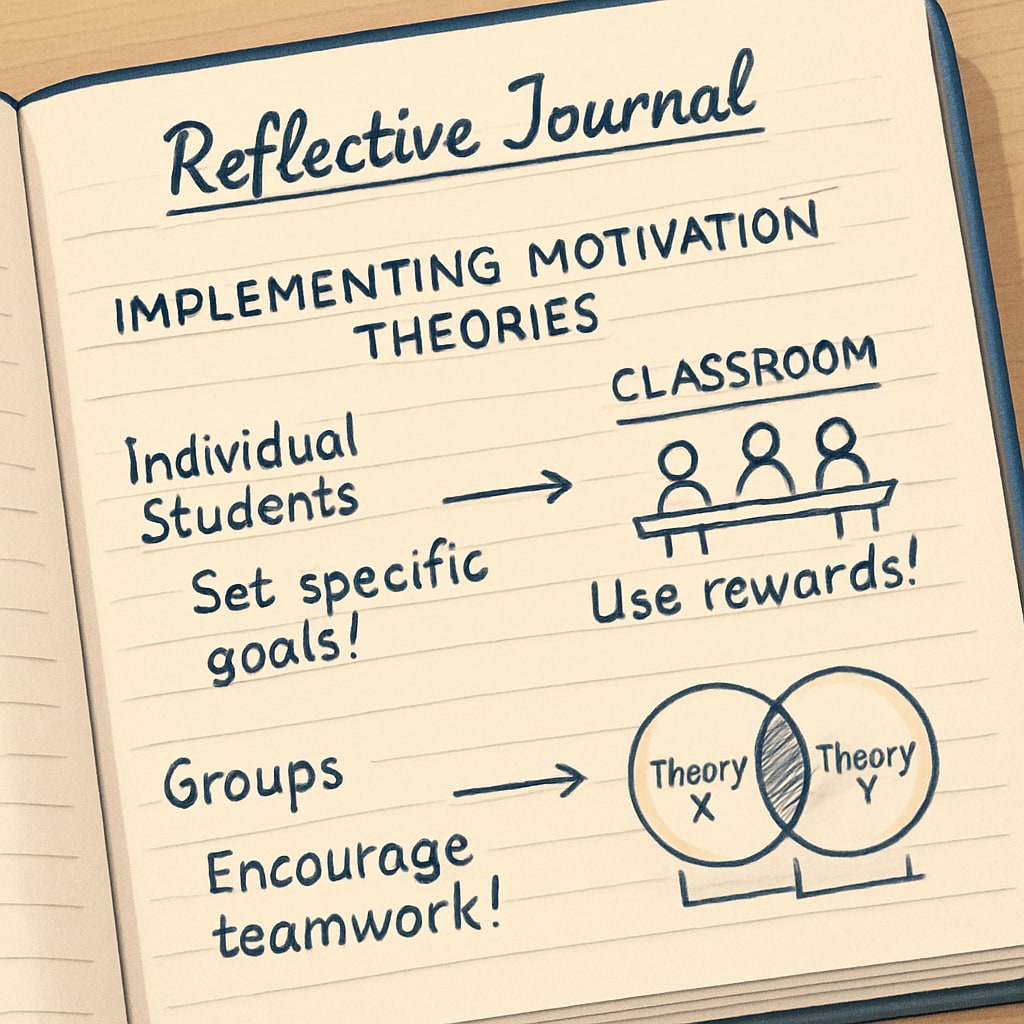 Close-up view of a teacher's handwritten reflective journal showing notes about implementing motivation theories with different student groups Educator's reflective notes on motivation theory applications