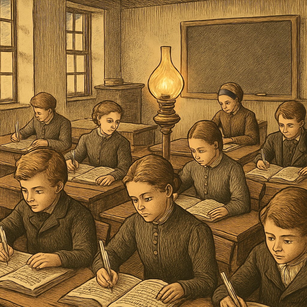 19th-century classroom with wooden desks, students in period clothing studying open Latin texts with quill pens, warm gaslight glow Classical education historical classroom scene
