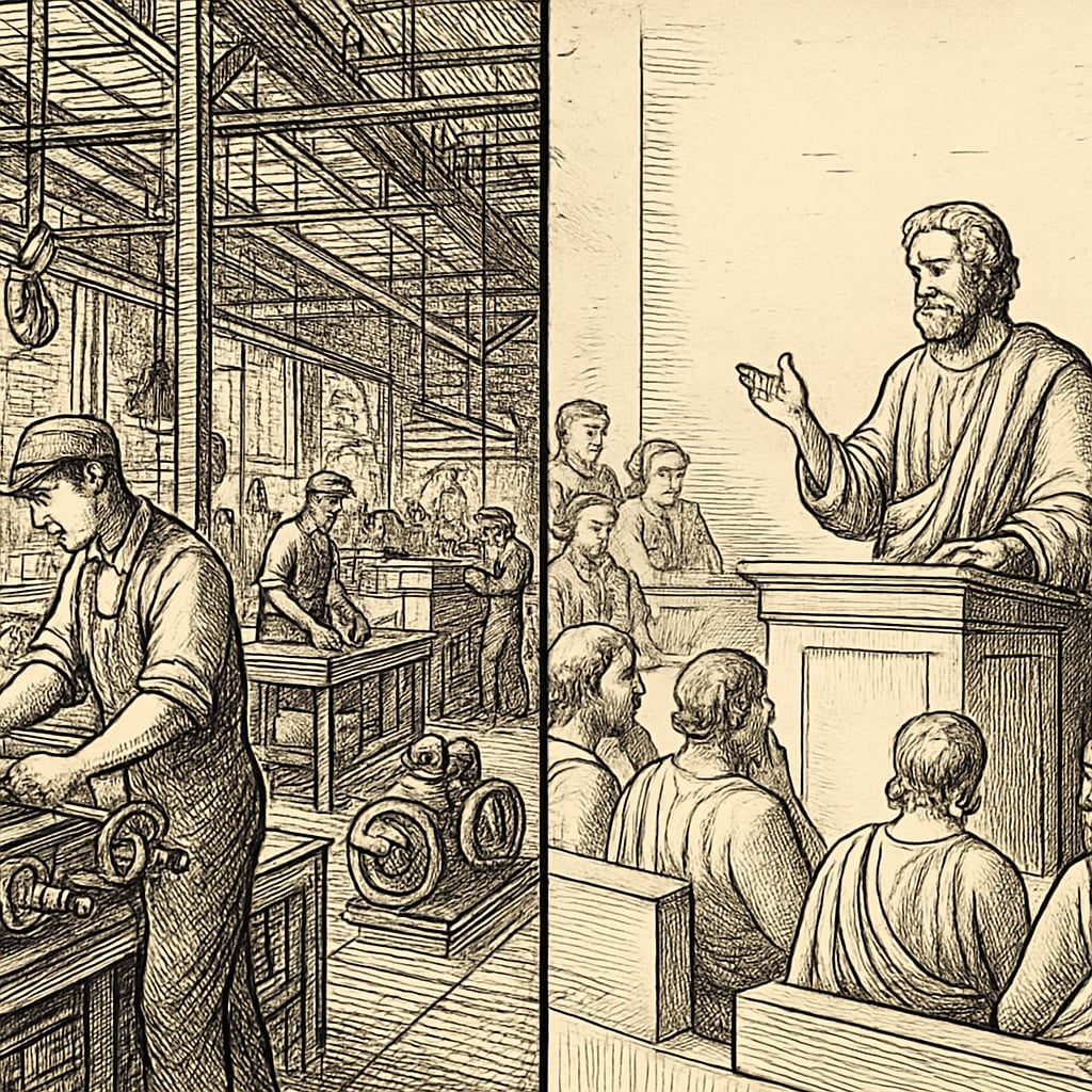 Split-image comparison showing a bustling industrial factory on left versus a quiet Aristotelian lecture hall on right Industrial vs classical educational environments