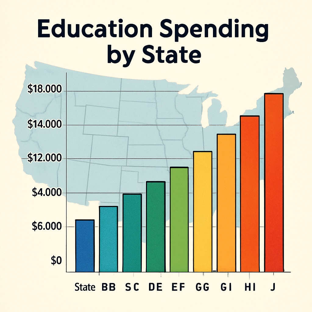 Color-coded bar chart showing comparative education spending by state with a semi-transparent U.S. map background U.S. state education spending comparison visualization