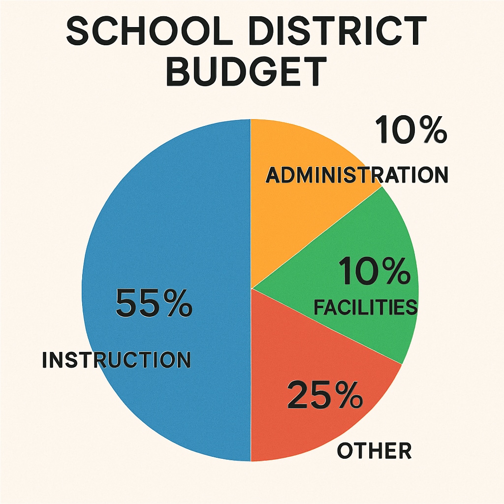 Pie chart infographic illustrating typical school district budget allocations (instruction, administration, facilities, etc.) School district budget allocation breakdown