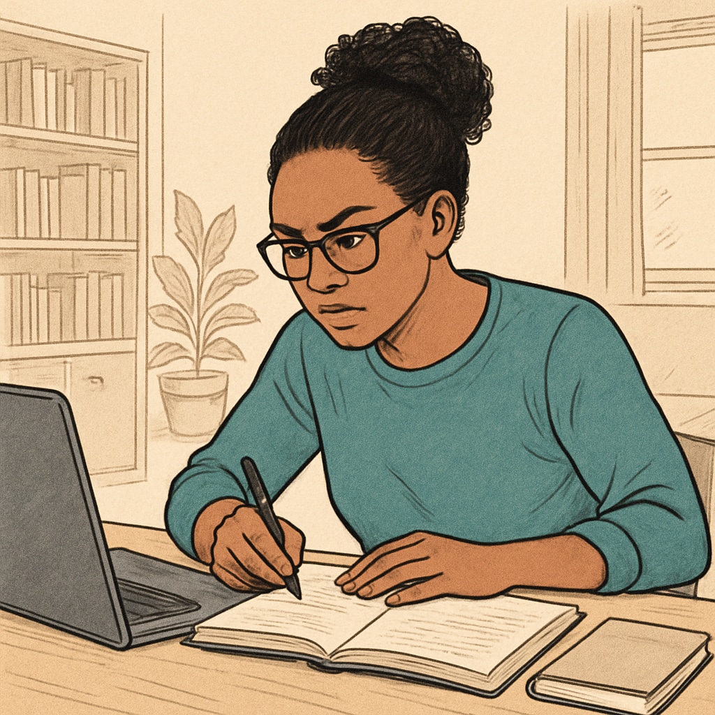 A diverse adult learner studying at home with laptop and notebooks, showing determination and focus Adult learner pursuing degree completion through continuing education