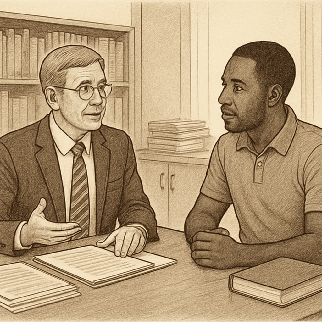 Academic advisor discussing credit transfer options with adult student in university office setting Credit transfer consultation for continuing education students