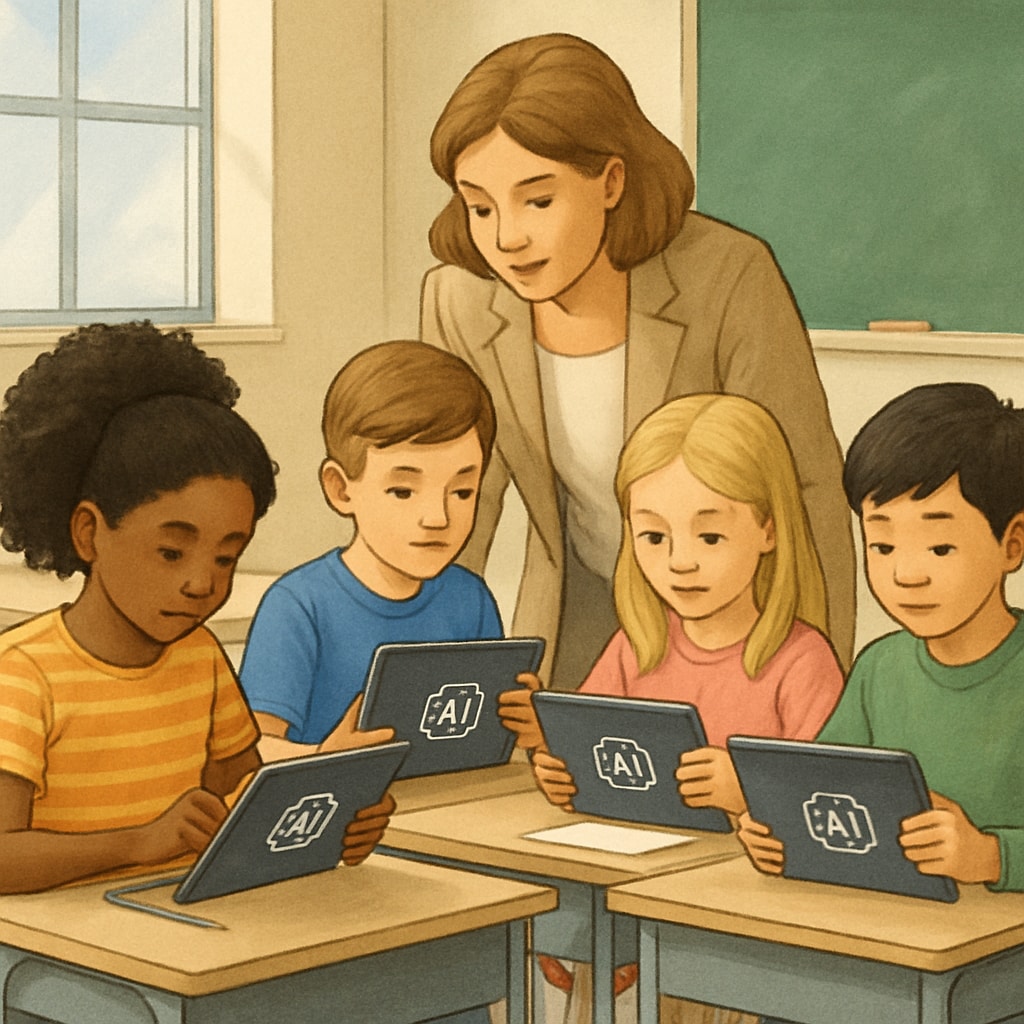 A diverse group of elementary students using AI-powered tablets with their teacher guiding them AI education in classroom with tech company devices