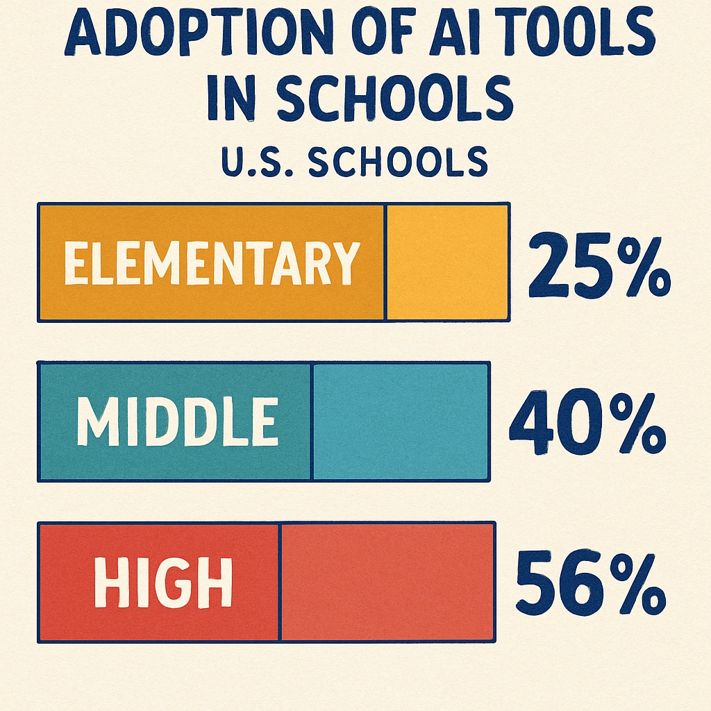 Color-coded infographic showing adoption rates of AI tools across US elementary, middle, and high schools AI education adoption statistics in K12 schools
