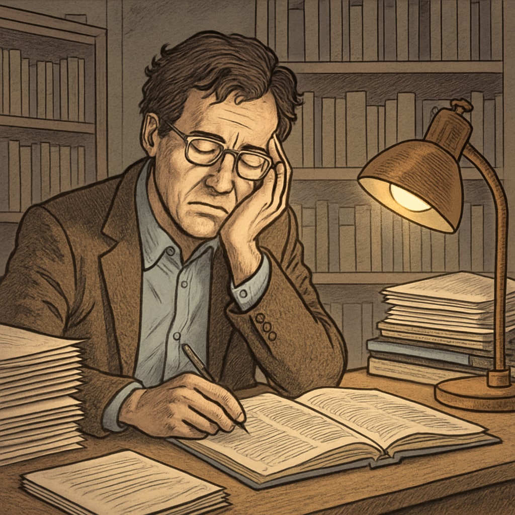 An exhausted adjunct professor working late surrounded by student papers and open research journals Contingent faculty facing research quotas and contract exploitation