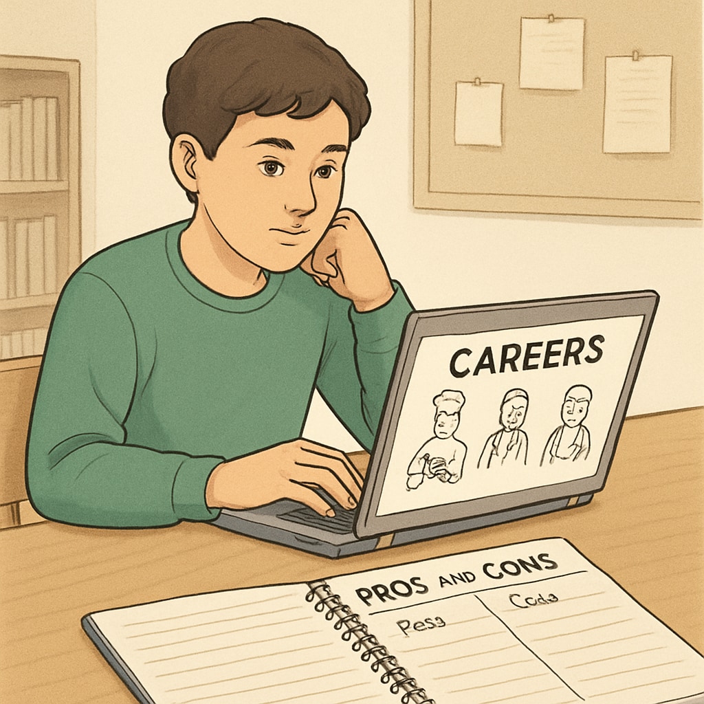 Teenage student researching careers on a laptop, with a notebook listing pros and cons of different professions. High school student evaluating career choices and personal interests