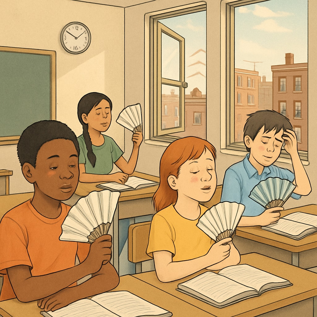 Diverse students in an urban classroom struggling with high temperatures, using paper fans and open windows for ventilation Marginalized students coping with extreme heat in under-resourced classrooms