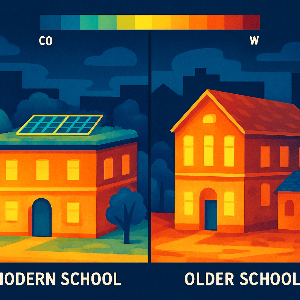 Side-by-side thermal images showing temperature differences between a modern school with green infrastructure and an older school in a marginalized community Thermal inequality in school infrastructure between affluent and marginalized communities