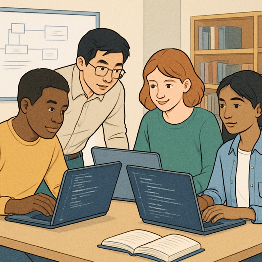 Diverse group of students collaborating on a computer science project in a modern classroom, with visible code on screens BTEC computer science students working on practical projects