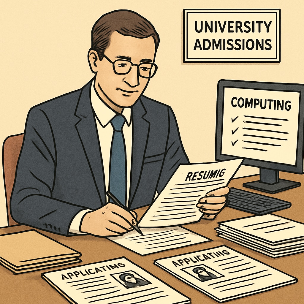Professional admissions officer reviewing university applications with visible computing qualifications University applications for computer science degrees
