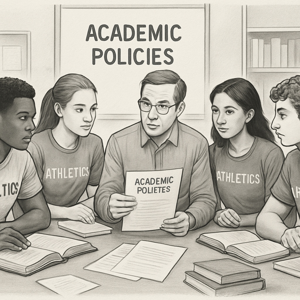 Diverse group of student athletes sitting around a table reviewing academic policies with their coach Sports team discussing academic integrity policies