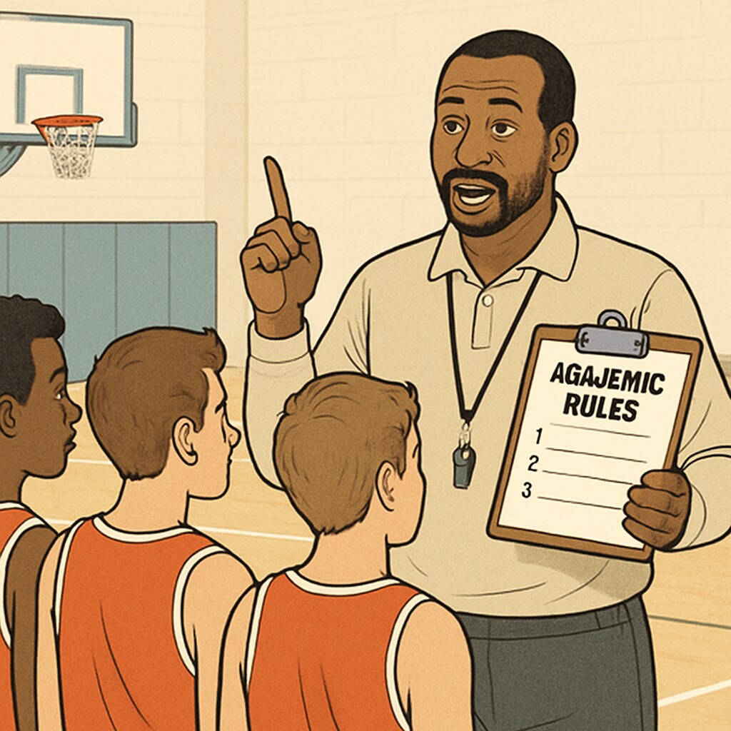 Basketball coach speaking to players on court holding a clipboard with academic rules Coach enforcing academic standards during sports practice