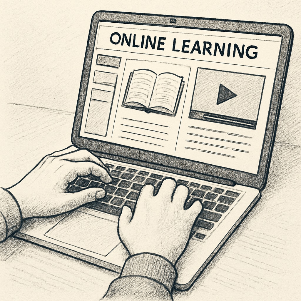Close-up of mature student's hands typing on laptop, showing online learning platform interface Digital education options for returning learners