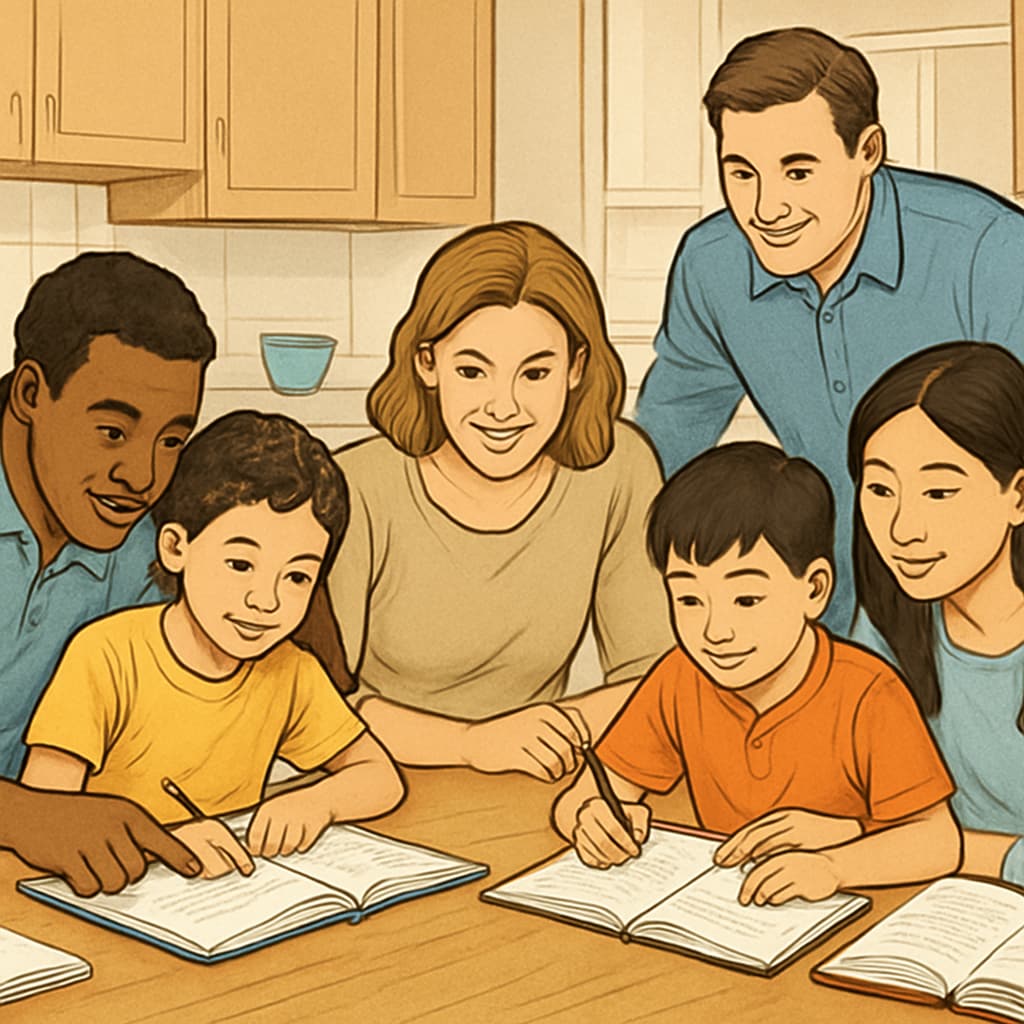 A diverse group of parents helping children with homework at a kitchen table, showing family engagement in education Parents assisting children with homework for child tax credit performance program