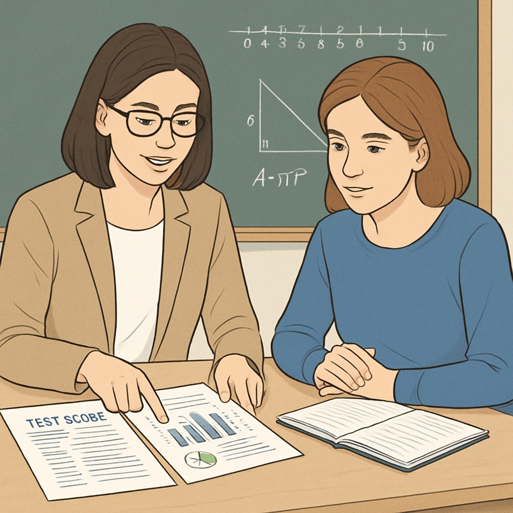 A teacher reviewing student test scores with a parent during a conference, demonstrating academic assessment Teacher and parent discussing student performance for tax credit eligibility