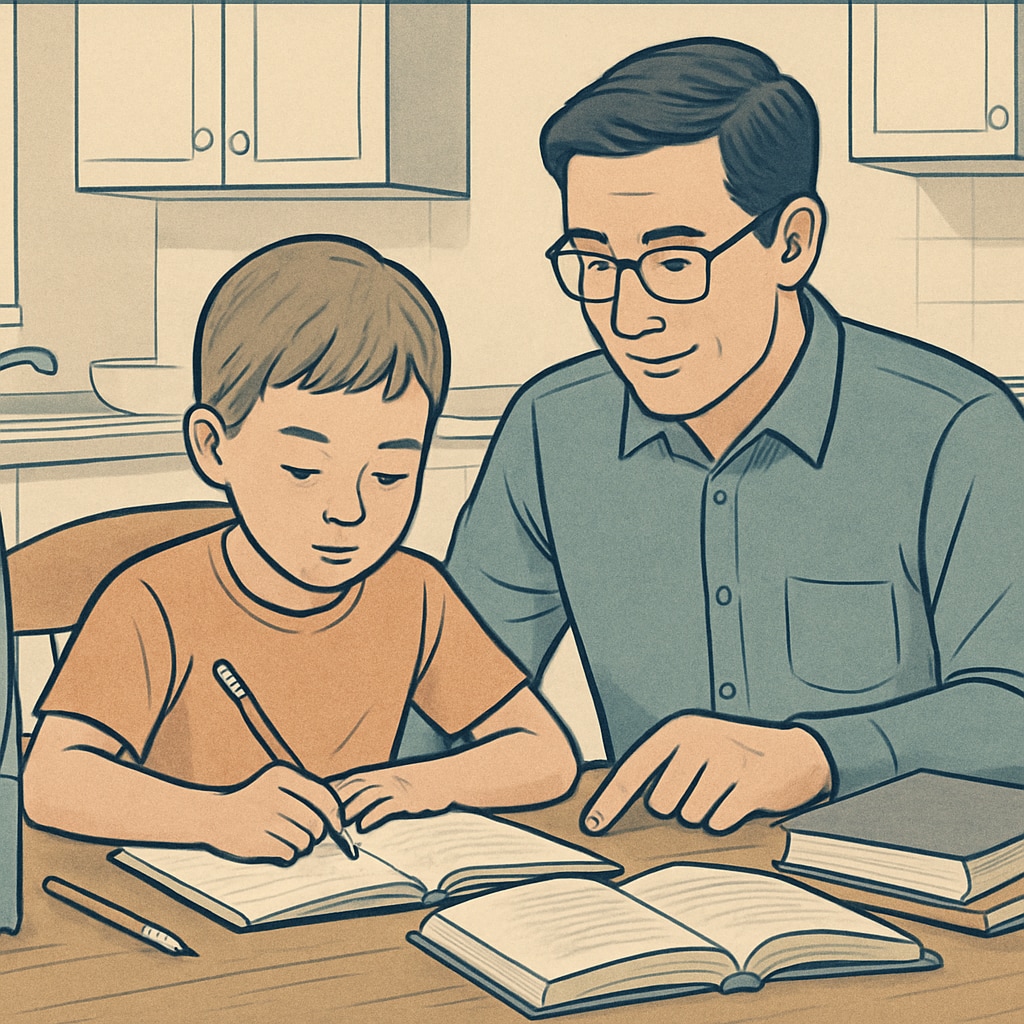Young elementary student doing homework at a kitchen table with a parent providing guidance Parent and child engaged in homework, students, debate